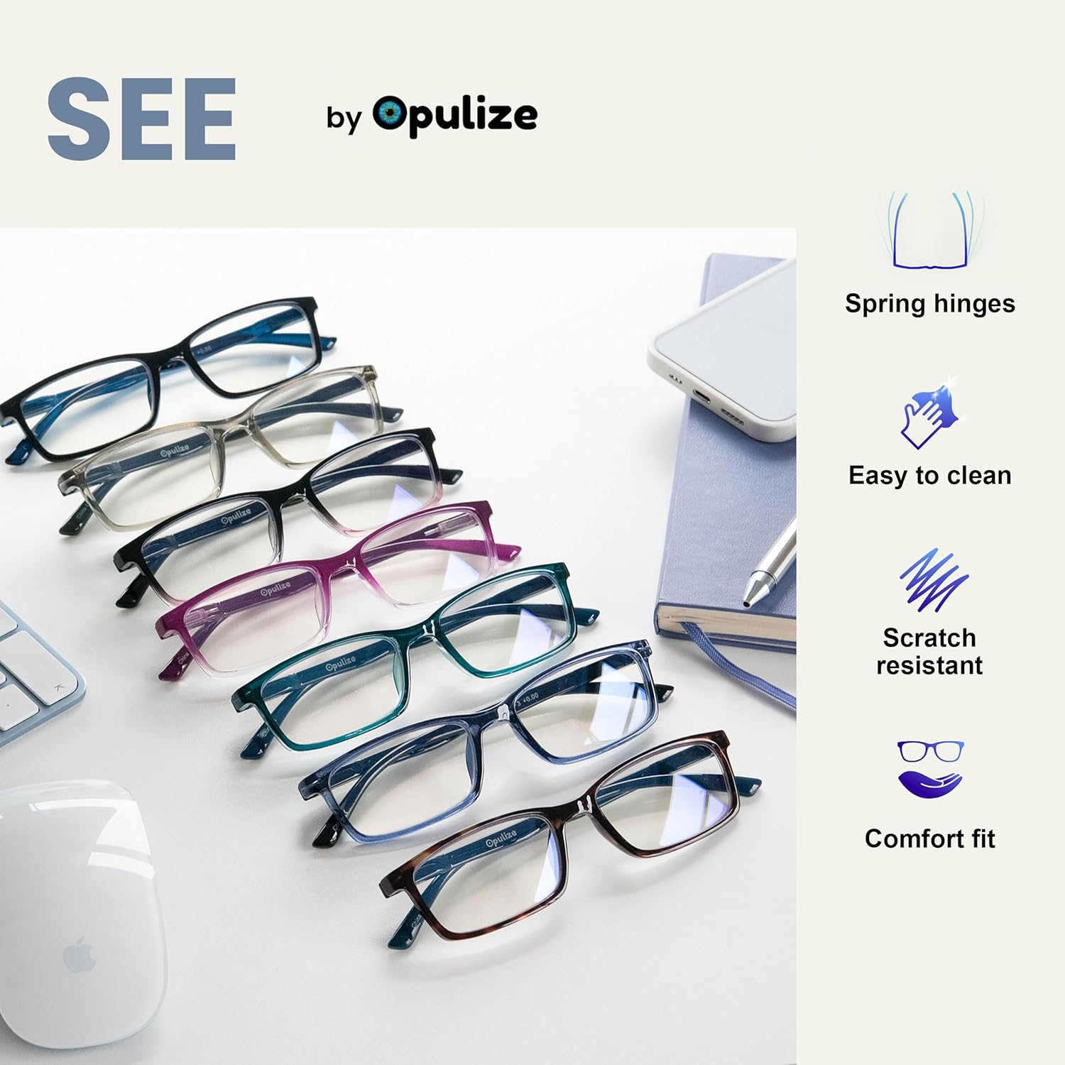 OPULIZE Gafas de lectura con bloqueo de luz azul, marco estrecho, bisagras de resorte para mejorar el sueño, computadora, juegos, hombres y mujeres