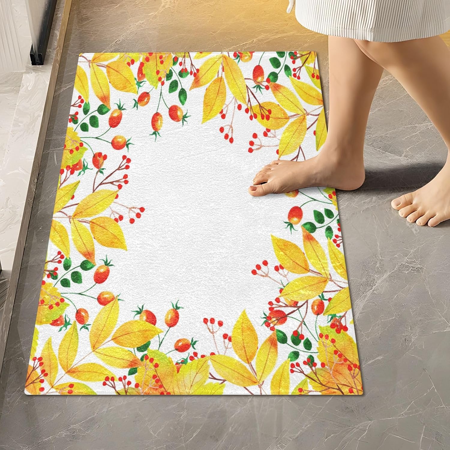 Bathroom Rugs Sets 2 Piece 24×16+24×20 Inch,Soft U-Shaped Contour Toilet Rug Autumn Leaves Berry Non-Slip Absorbent Bath Floor Mat Carpet Set Water