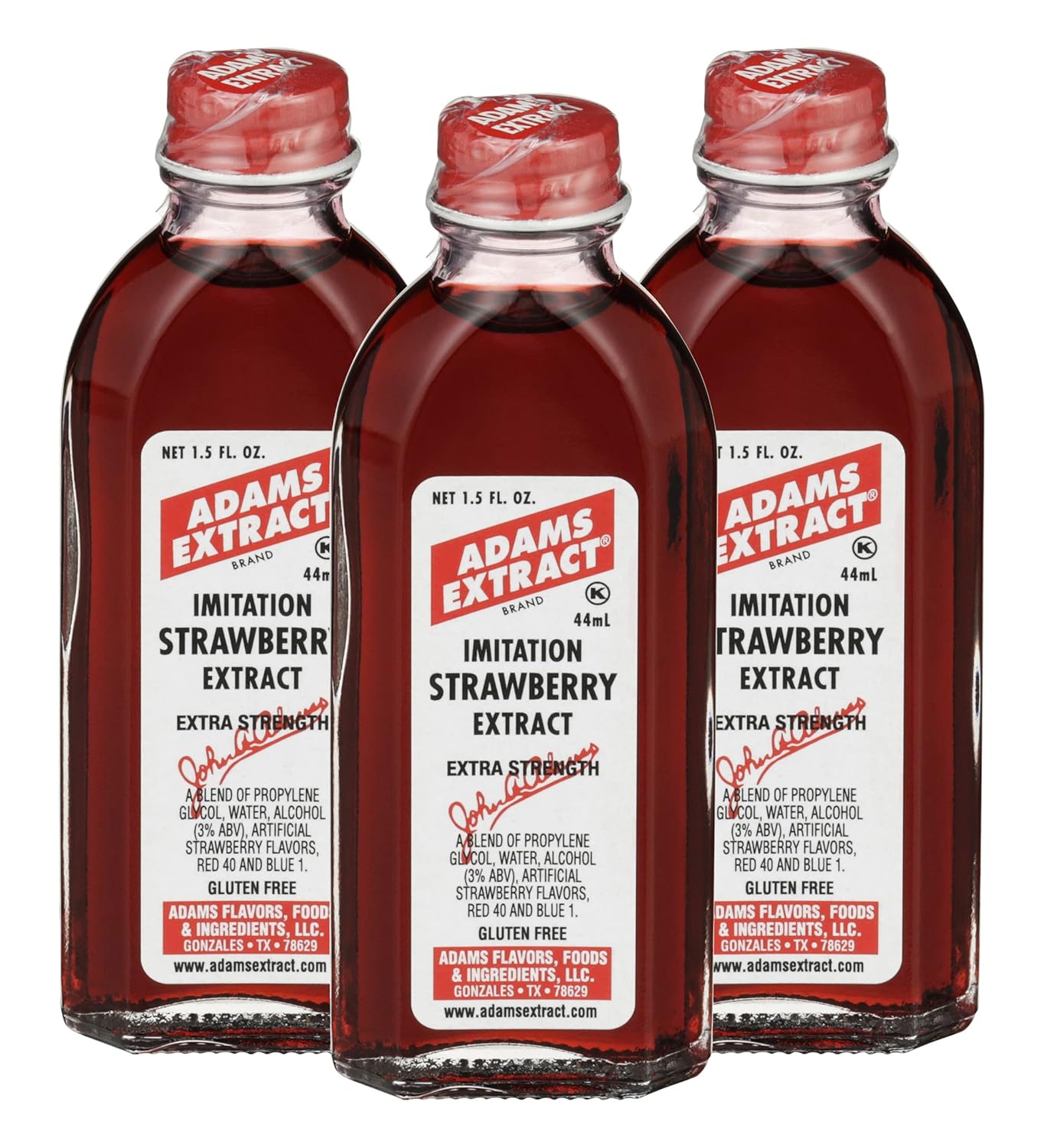 Adams Extract Extracto de fresa de imitación, extra fuerte, sin gluten, botella de vidrio de 1.5 onzas líquidas (paquete de 3)