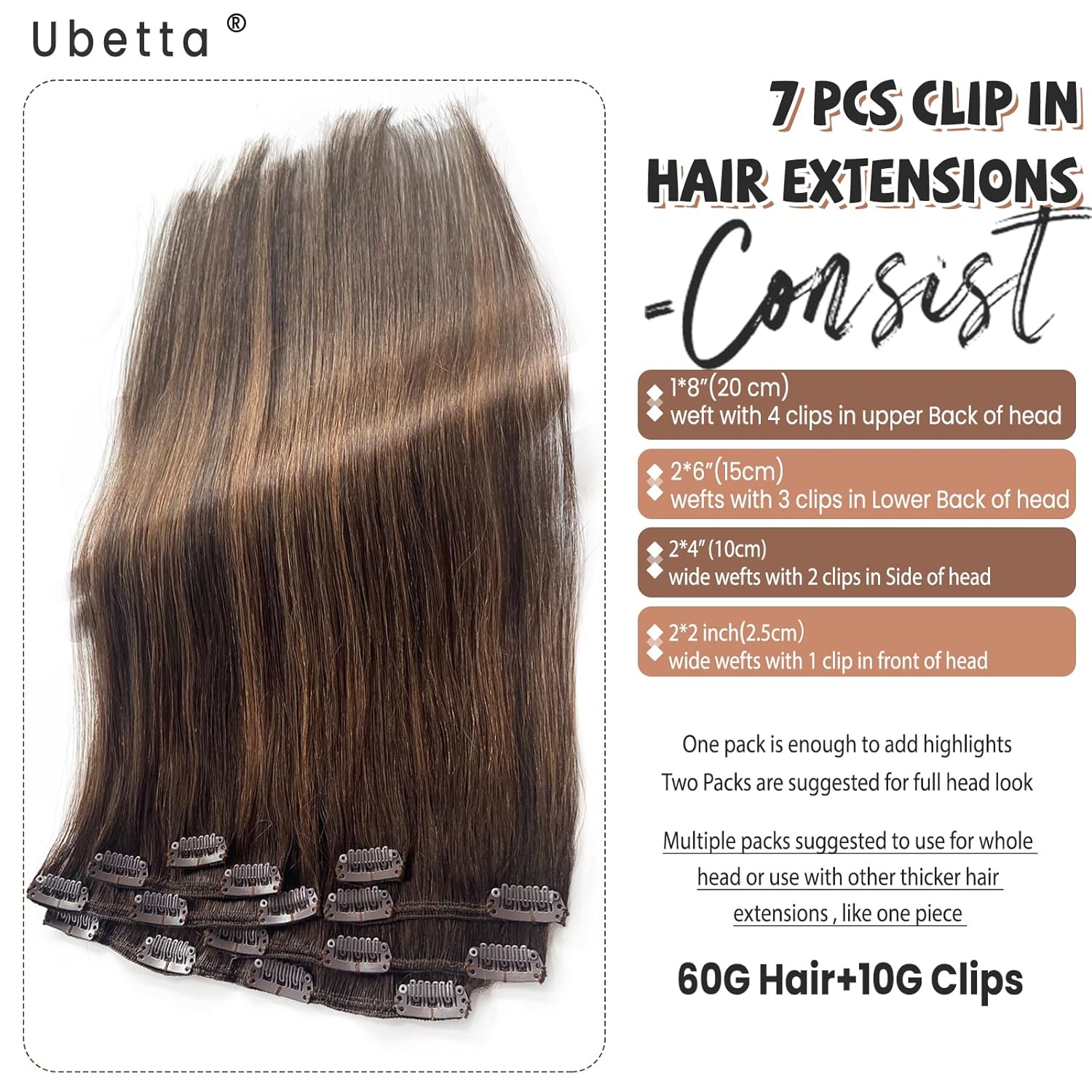 Extensiones de cabello humano real con clip, de 12 pulgadas, 7 unidades, color marrón oscuro, balayage, color marrón ceniza, extensiones de cabello