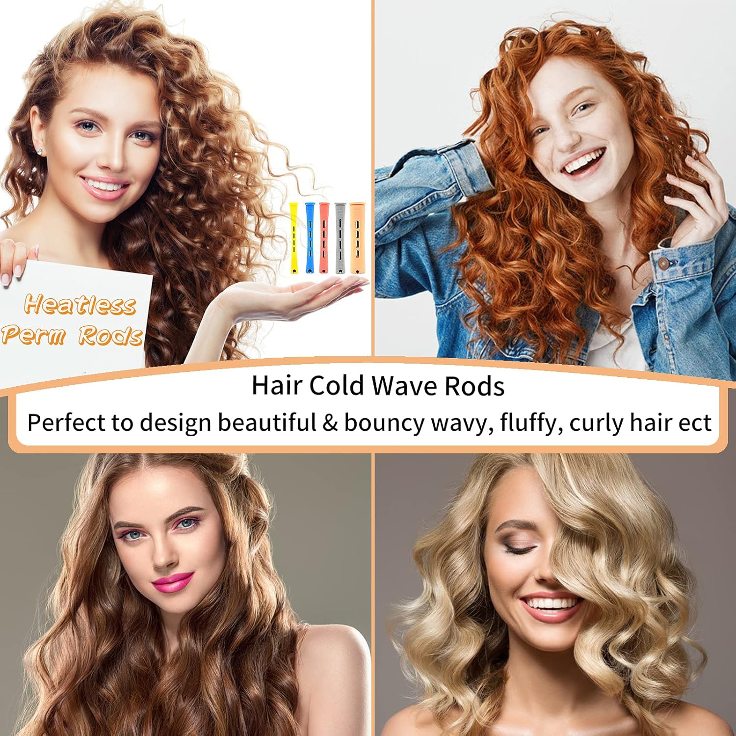 Juego de 100 varillas de permanente, 5 tamaños de varillas de plástico para cabello ondulado, sin calor, rizadores de cabello con peine de cola para