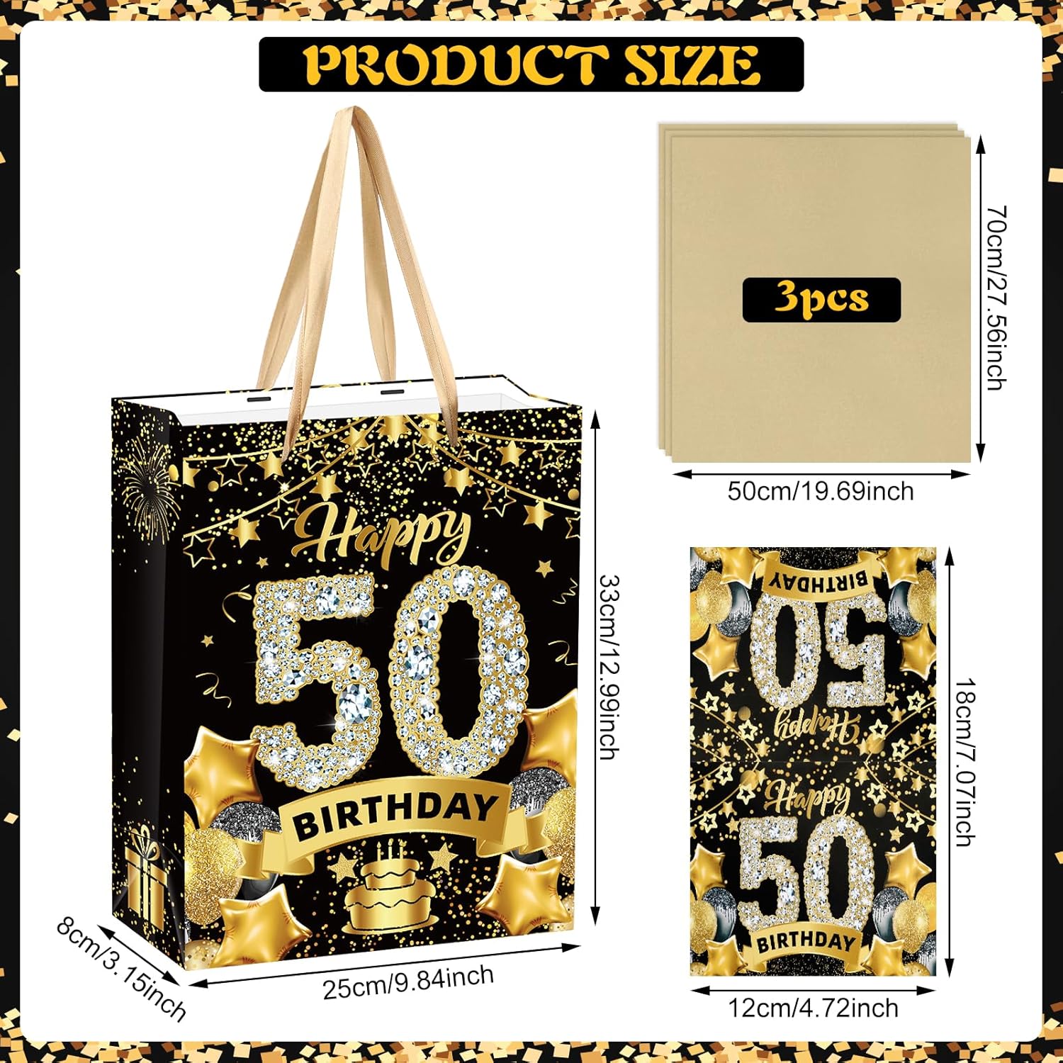 Bolsa de regalo de cumpleaños número 50, bolsa dorada de regalo de 50 cumpleaños con papel de seda y tarjeta, bolsas de regalo de papel kraft de 50