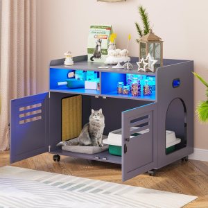 FOMNEY Caja de arena para gatos, mueble oculto con cuerpo humano, 3 luces LED de color, jaula para gatos con 2 cajones abiertos y 1 puerto USB, casa FOMNEY Caja de arena para gatos, mueble oculto con cuerpo humano, 3 luces LED de color, jaula para gatos con 2 cajones abiertos y 1 puerto USB, casa