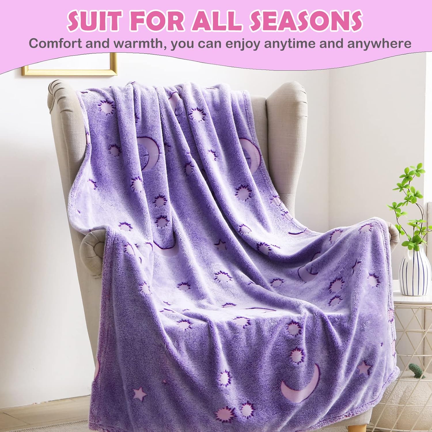 Manta que brilla en la oscuridad para niñas, regalos de cumpleaños, luna morada, estrella, manta suave para niños, adolescentes, niñas y mujeres, 60
