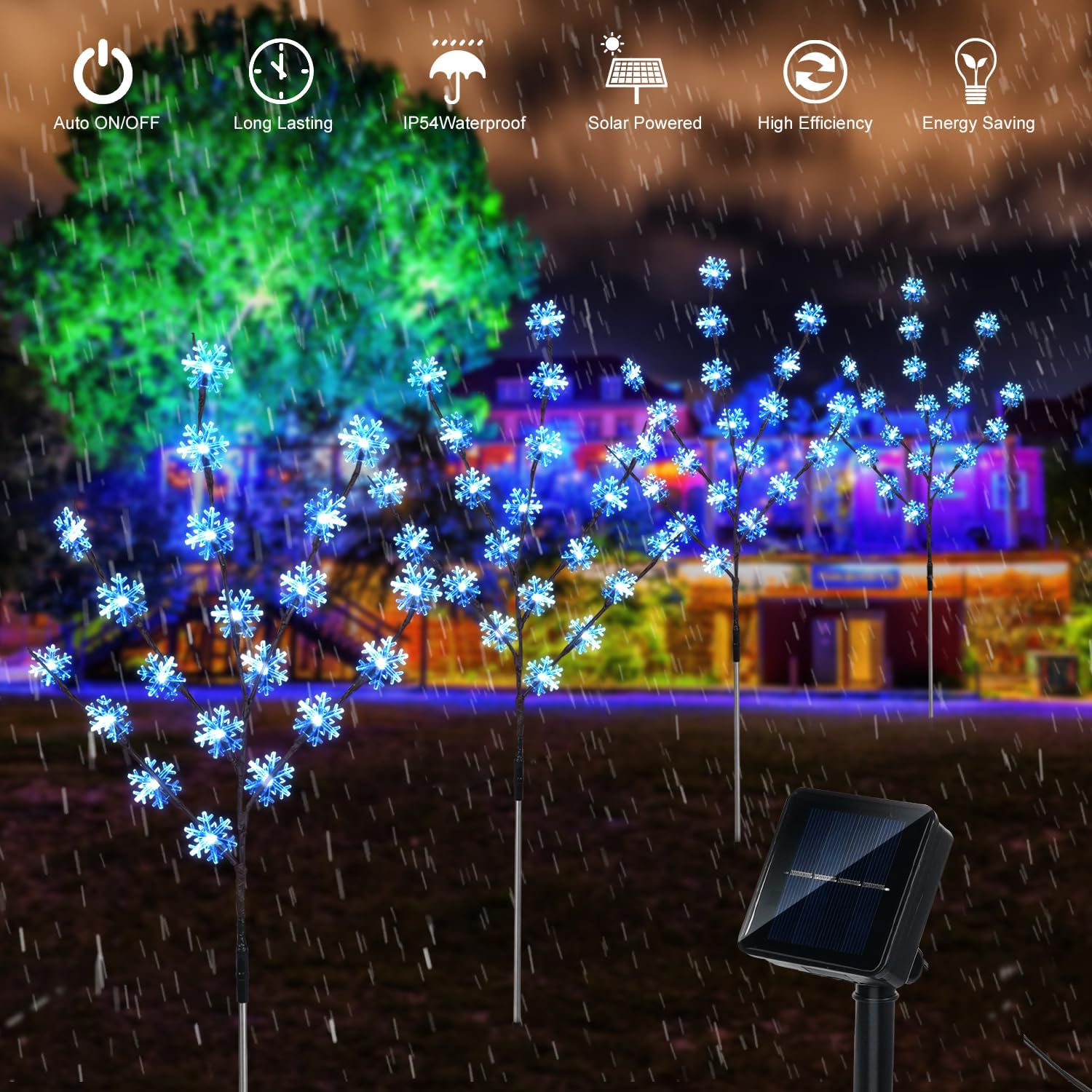 Aovciust Decoraciones de Navidad al aire libre, 4 juegos de luces solares para árbol de Navidad con 80 luces de copo de nieve C6, adecuadas para