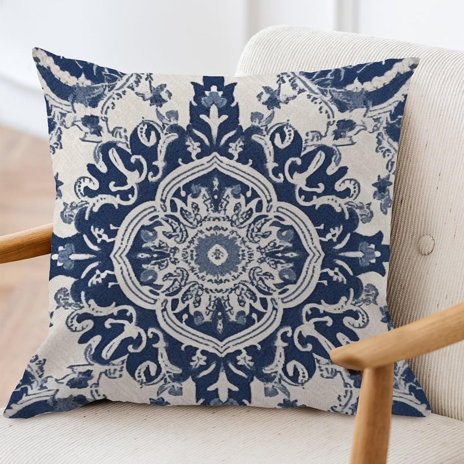 ArogGeld Cojín de cojín de damasco azul marino con flores azules, estilo árabe turco, cuadrado, fundas de almohada chinoiserie para dormitorio,