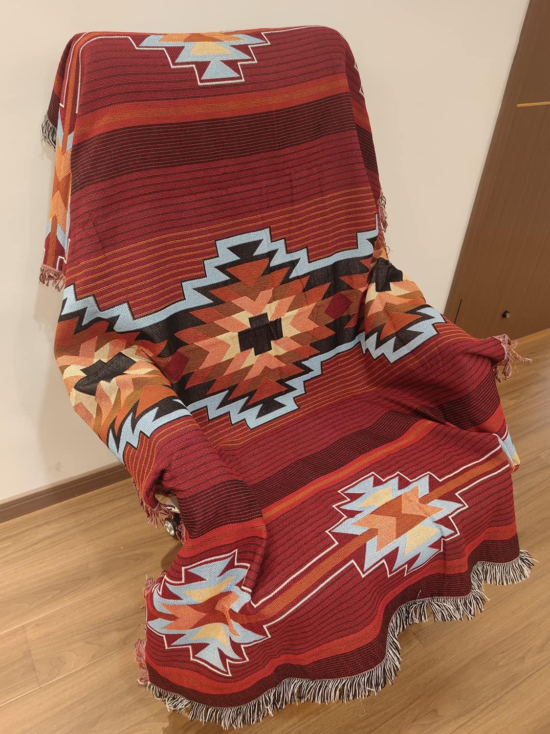 CCHYF Manta azteca roja de nativos americanos, decoración bohemia del suroeste, reversible, con borlas tejidas, mantas y mantas mexicanas para sofá,