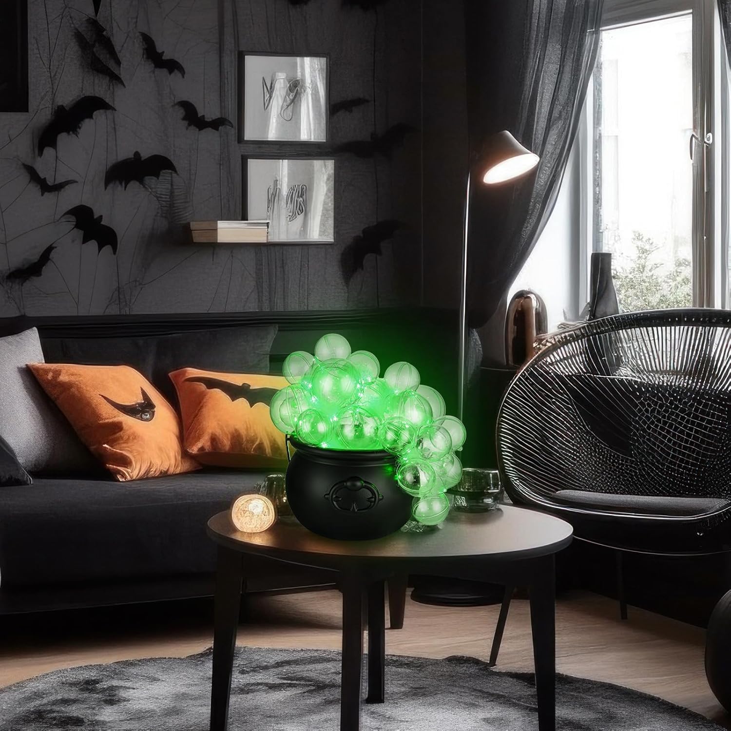 Juego de 33 piezas de caldero de burbujas de Halloween, 30 bolas de plástico transparente, cadena de puntos de pegamento de algodón ligero, puntos