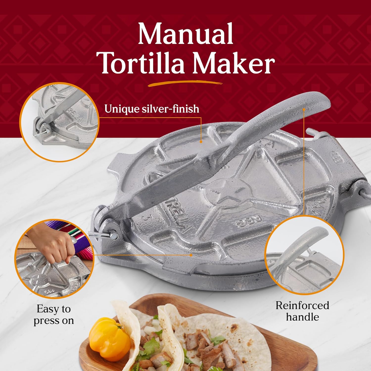 Estrella Prensa de Tortilla de Hierro Fundido de 7,5 pulgadas y Pataconera