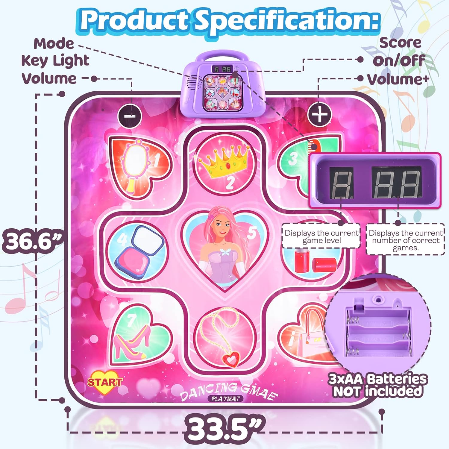 Richtim Juguetes musicales con tapete de baile juego de almohadilla de baile musical para niñas con luces LED, 6 modos de juego, 5 niveles de
