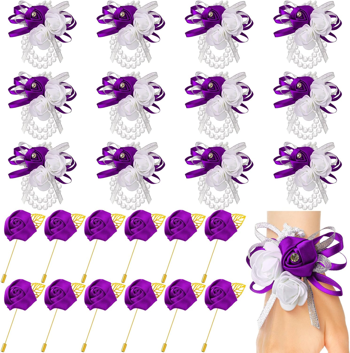 Tigeen Juego de ramilletes y boutonniere, ramilletes de muñeca para baile de graduación, rosa de seda para hombres, flores de mano para boda,