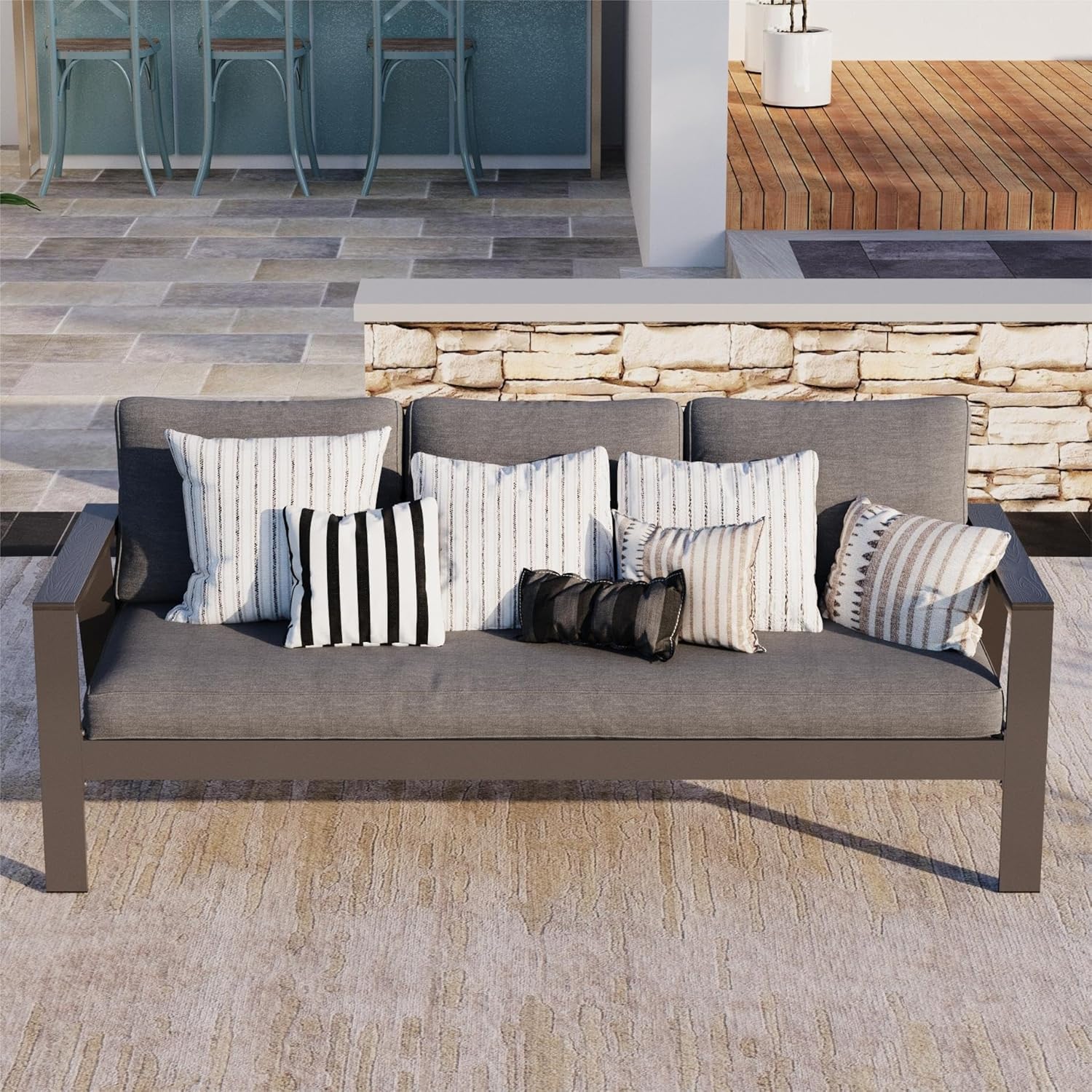 Solaste Sofá de aluminio para exteriores, muebles de patio, sofá de 3 asientos con reposabrazos de madera y respaldo en ángulo, sofá de metal para