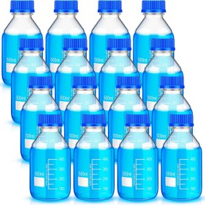 16 botellas de almacenamiento de medios, botella de vidrio de almacenamiento de borosilicato, botella científica redonda graduada con tapa de rosca 16 botellas de almacenamiento de medios, botella de vidrio de almacenamiento de borosilicato, botella científica redonda graduada con tapa de rosca