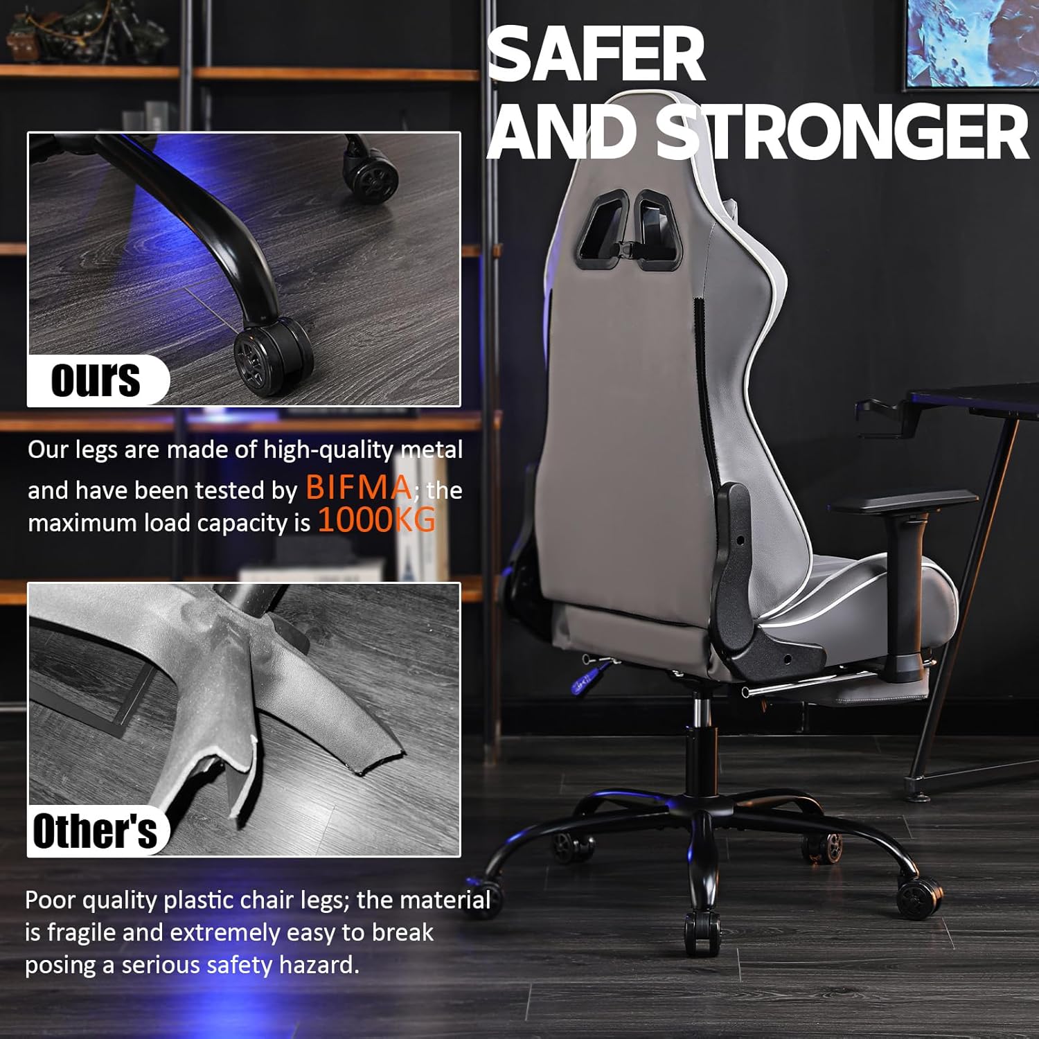 Silla de oficina para juegos con soporte lumbar de masaje, piel sintética, respaldo alto, ajustable, giratoria, con reposapiés, silla de computadora