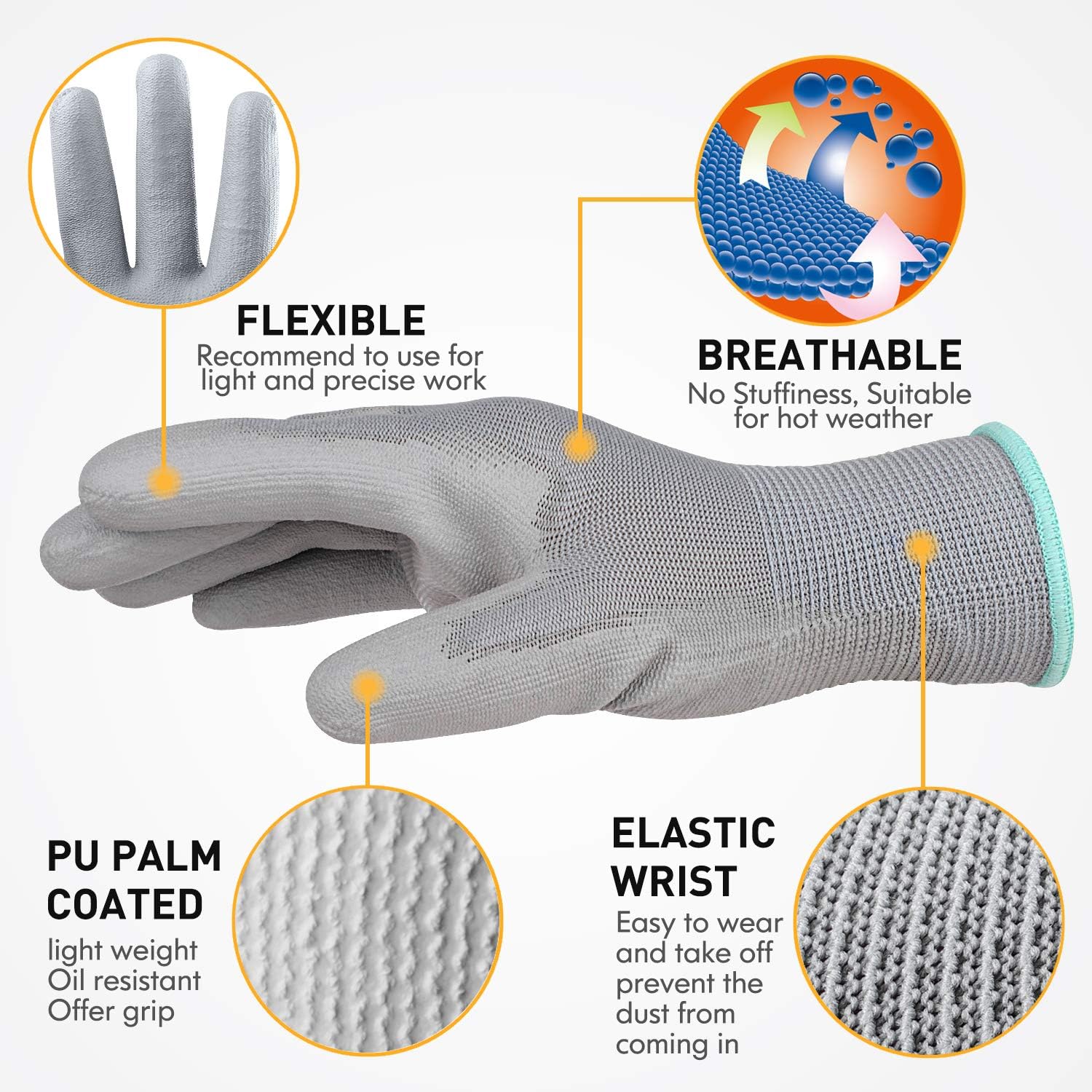 JM-FUHAND Guantes de trabajo de seguridad con revestimiento de poliuretano ultrafino (poliuretano), 12 pares, para hombres y mujeres, para trabajos