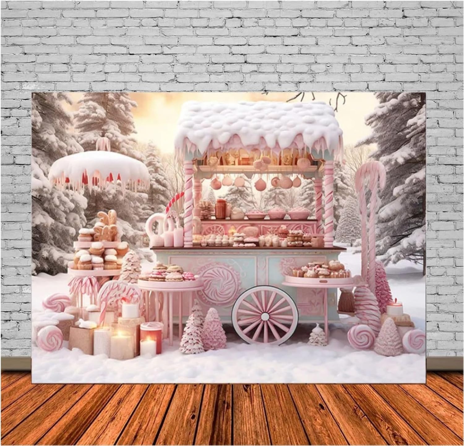 Fondo fotográfico de Navidad rosa de 8 x 6 pies, tienda de dulces de nieve de invierno, árbol de pino, niña, fiesta familiar, decoración de