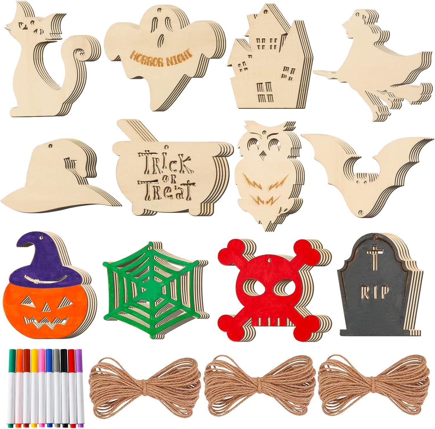 MGparty Manualidades de Halloween, 60 piezas de rebanadas de madera de Halloween, manualidades de madera natural sin terminar, adornos preperforados