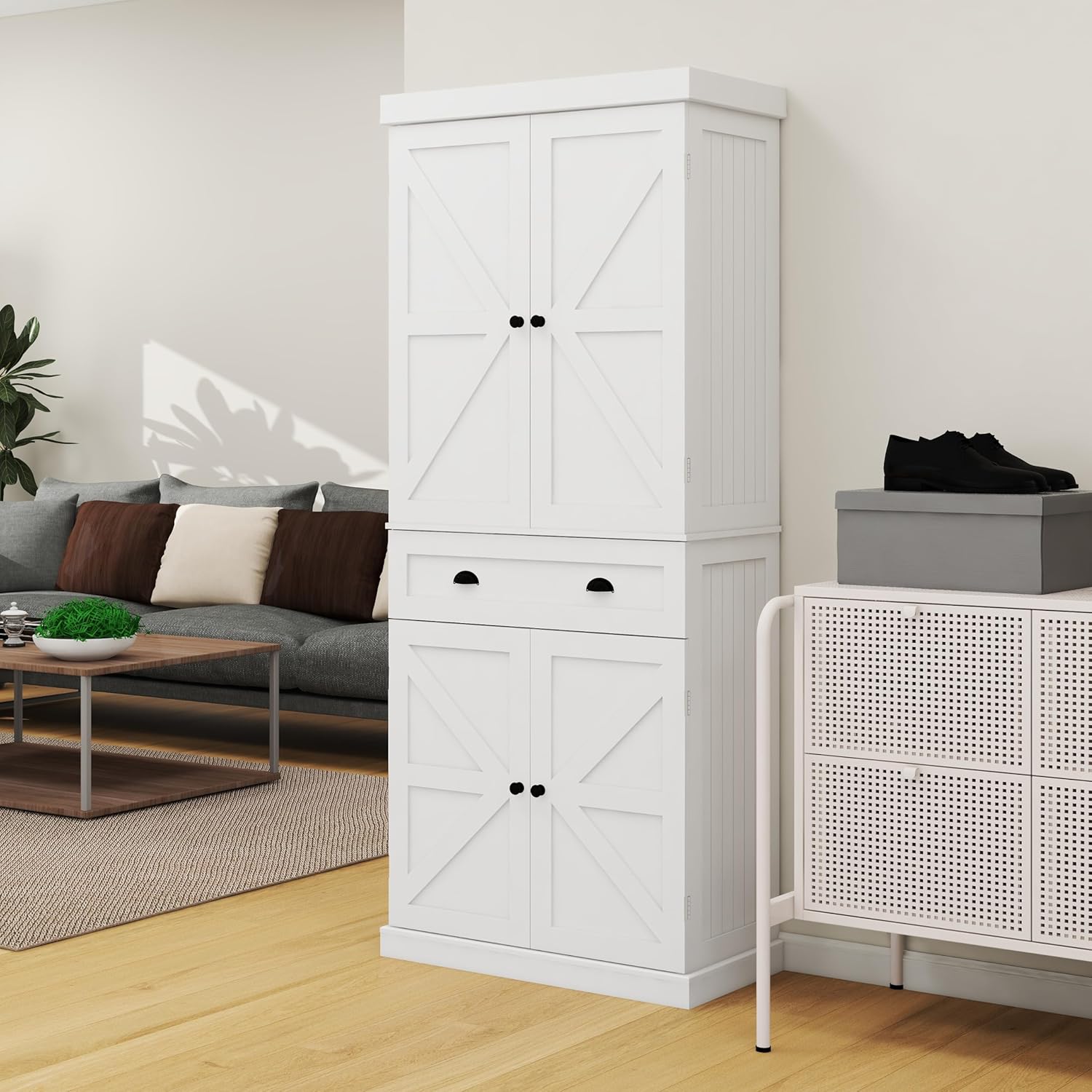 Locsear Armario de despensa de 71 pulgadas de alto con cajón y 4 puertas, armario de almacenamiento versátil con estantes ajustables para cocina,