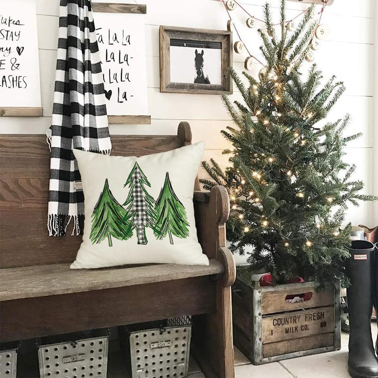 RABUSOFA Fundas de cojín con diseño de árbol de Navidad en acuarela de 18 x 18 pulgadas, fundas de cojín decorativas de invierno a cuadros, fundas