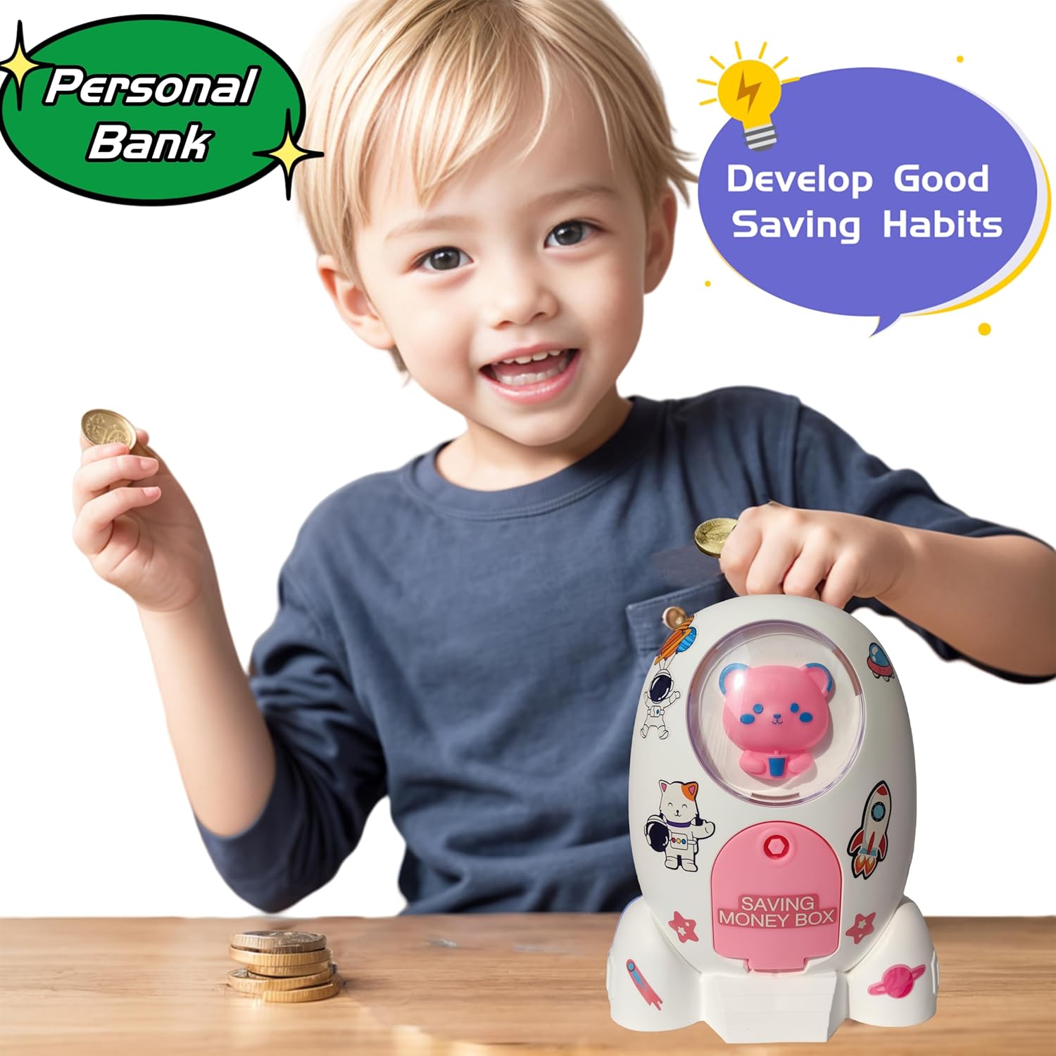 Alcancía de cohete para niños, segura para el dinero, alcancía de astronauta para niños, dinero en efectivo, cajero automático, moneda, banco de