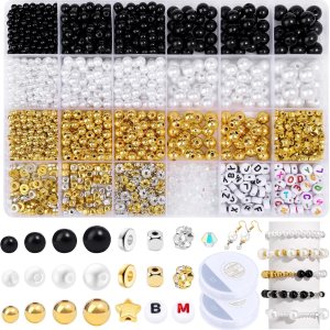 JADVY Kit de 1800 cuentas de perlas para hacer joyas con cuentas espaciadoras, cuentas de perlas negrablancadorada para pulseras, collares, aretes, JADVY Kit de 1800 cuentas de perlas para hacer joyas con cuentas espaciadoras, cuentas de perlas negrablancadorada para pulseras, collares, aretes,