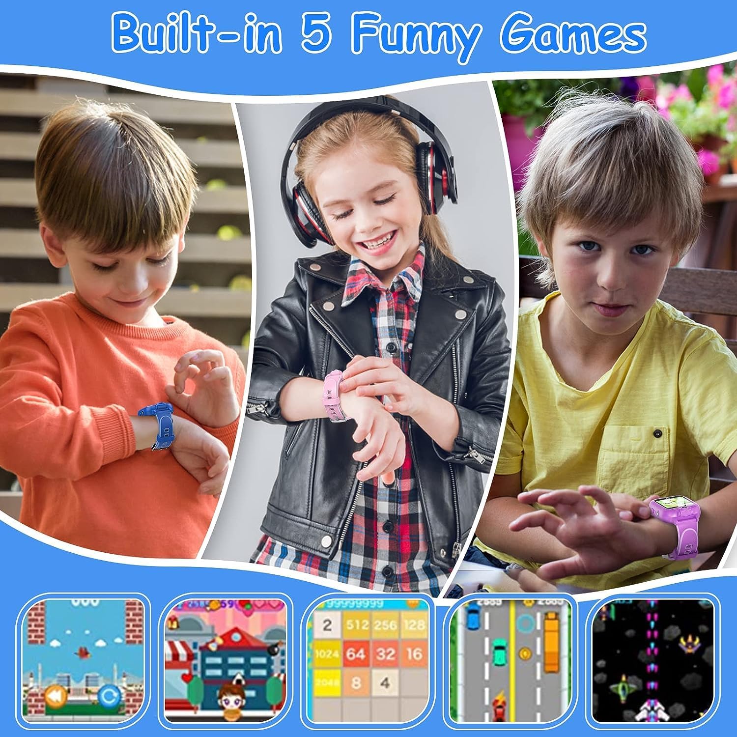 ASIUR Reloj inteligente para niños, regalos de cumpleaños, juguetes para niños de 3 a 8 años, reloj inteligente con tarjeta SD de 8 GB (azul)
