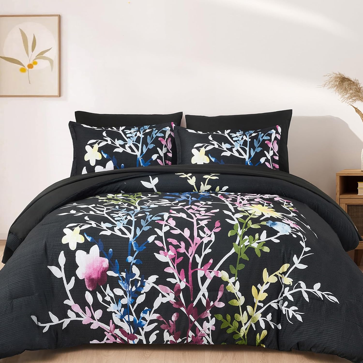 Menghomeus Juego de edredón de 7 piezas, color negro, tamaño King, diseño floral de sirsaca suave, juego de ropa de cama de microfibra para todas