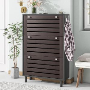 SSLine Zapatero con 3 estantes de almacenamiento abatibles, zapatero de pie moderno, organizador de almacenamiento de zapatos de madera negra con SSLine Zapatero con 3 estantes de almacenamiento abatibles, zapatero de pie moderno, organizador de almacenamiento de zapatos de madera negra con