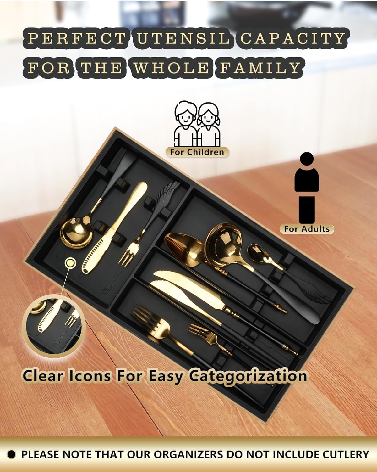 Hitseon Organizador de cajones de cubiertos, organizador de utensilios de bambú natural de silicona con 4 ranuras para encimera de cajones de
