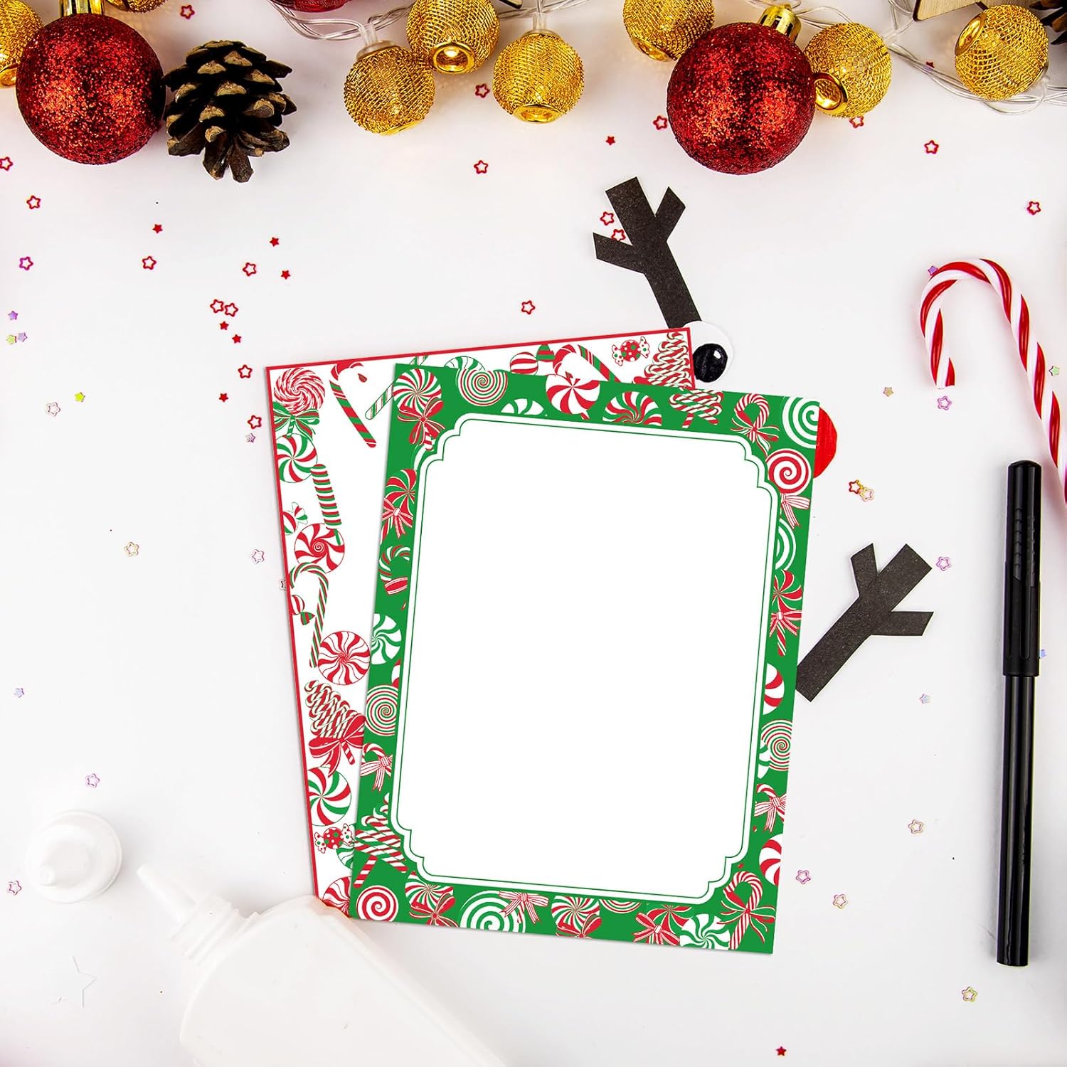 180 hojas de papel de papelería de Navidad, bastones de caramelo, papel de papelería, papel de carta navideña para notas, tarjetas de felicitación