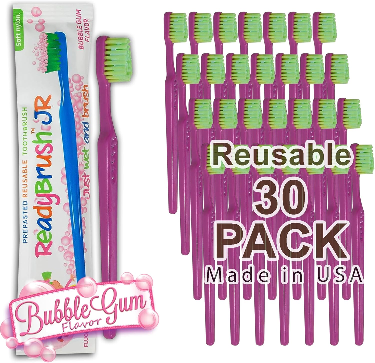 READYBRUSH JR 30 Cepillos de dientes reutilizables para niños prepegados con pasta de dientes sabor a goma de mascar en las cerdas, cepillos de