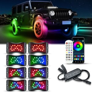 RGB LED Rock Lights Kit, Upgraded 210 Degrees Wide Angle Multicolor Chasing Underglow Neon Lighting Kit, Music Sync, 8Pcs 024007 0 RGB LED Rock Lights Kit, Upgraded 210 Degrees Wide Angle Multicolor Chasing Underglow Neon Lighting Kit, Music Sync, 8Pcs 024007 0