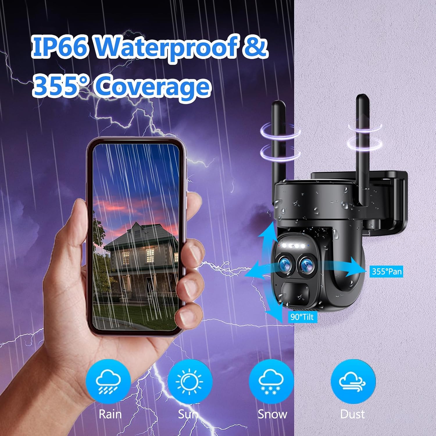 Zoom 8X Cámaras de seguridad 4K 5Dbi inalámbricas para exteriores, cámara de seguridad solar alimentada por baterías, cámara WiFi PTZ de 360 con
