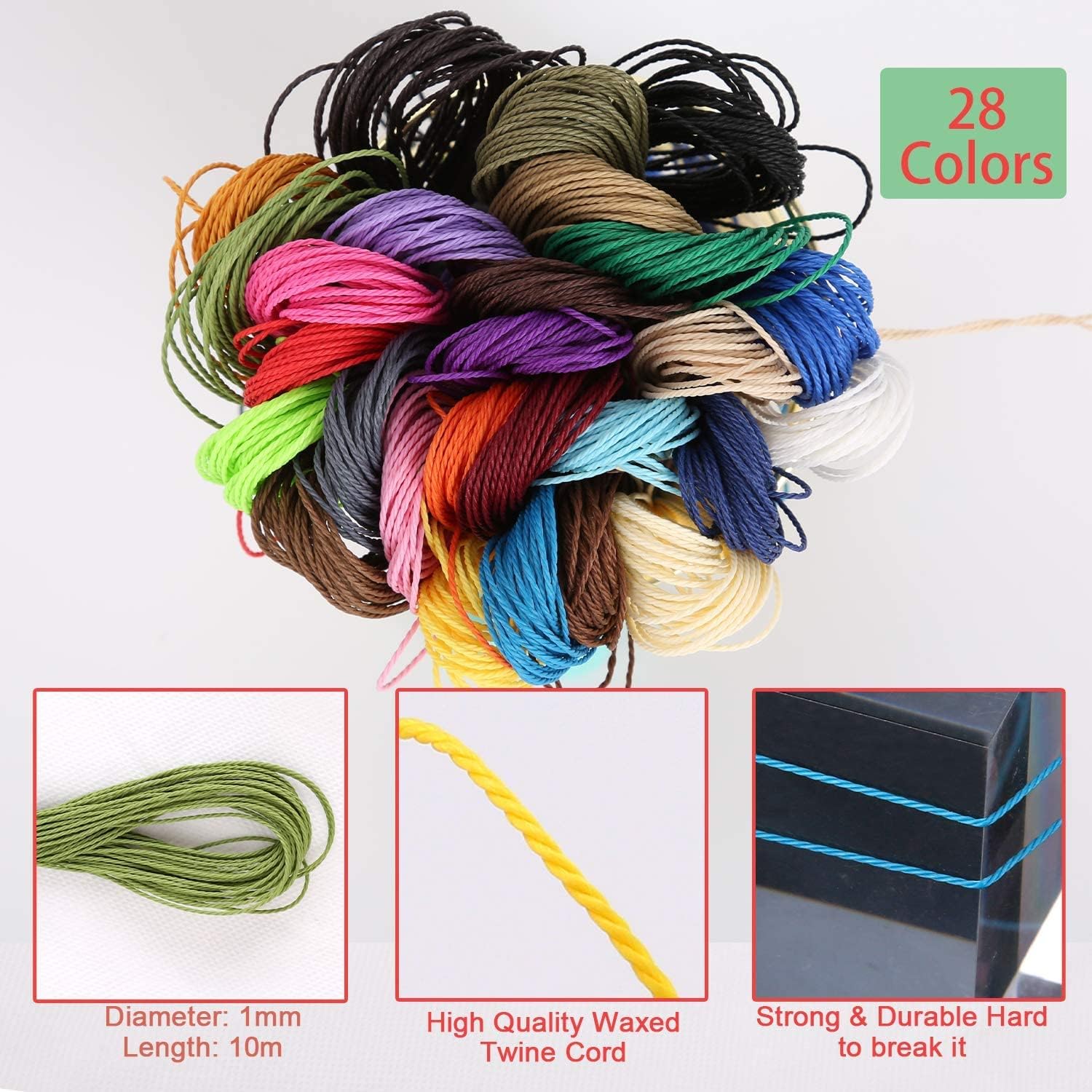 AIEX Cuerda de poliéster encerado de 0.039 in, 28 colores, 306 yardas, hilo de cera para joyería DIY, collar, pulsera, 32.8 ft cada color (28 piezas)