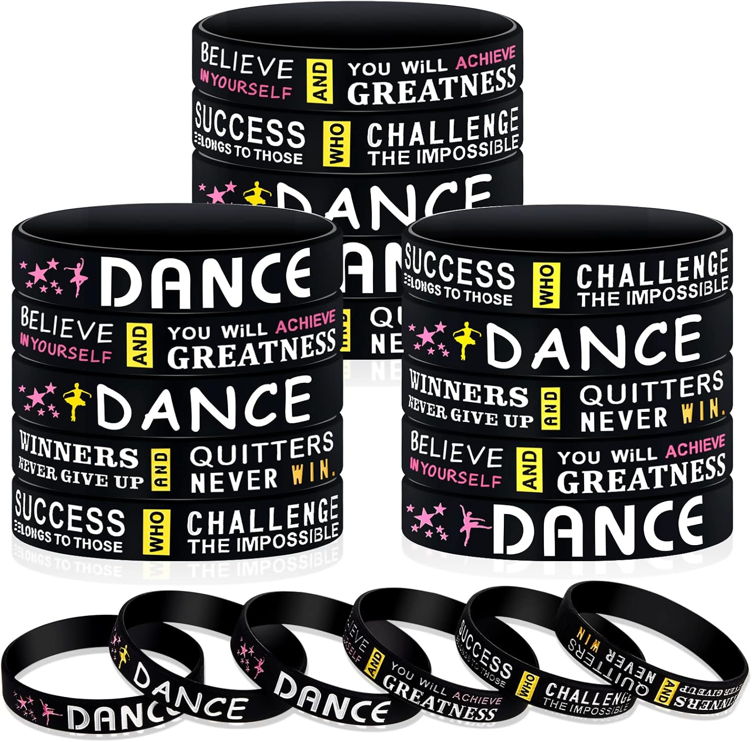 Deekin Paquete de 36 pulseras motivacionales de ballet, pulsera de goma de silicona con mensajes inspiradores, regalos de baile para niñas, premio