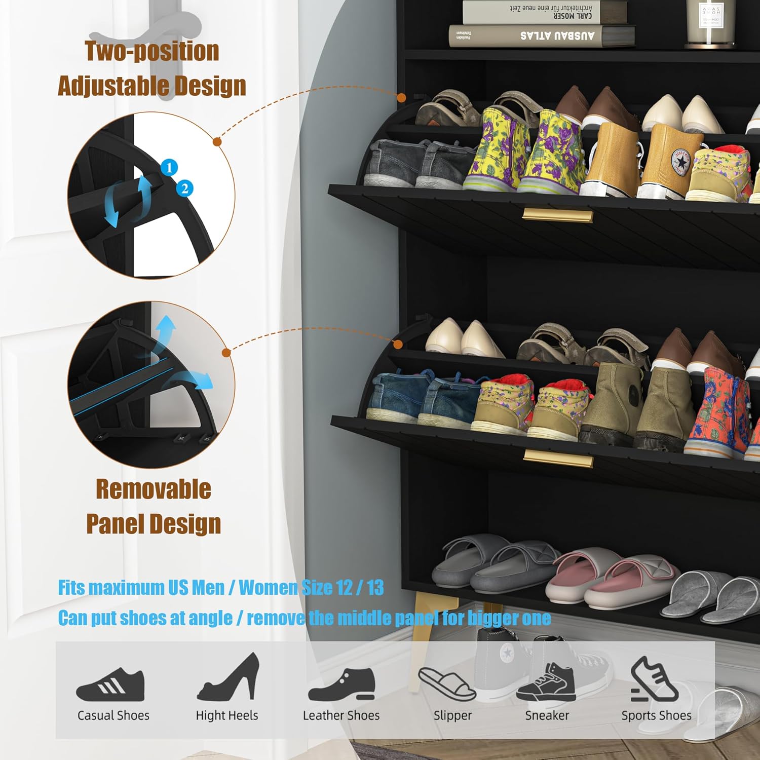 Zapatero con 2 cajones abatibles, almacenamiento de zapatos independiente con patas de metal, moderno organizador de zapatos con estante abierto,
