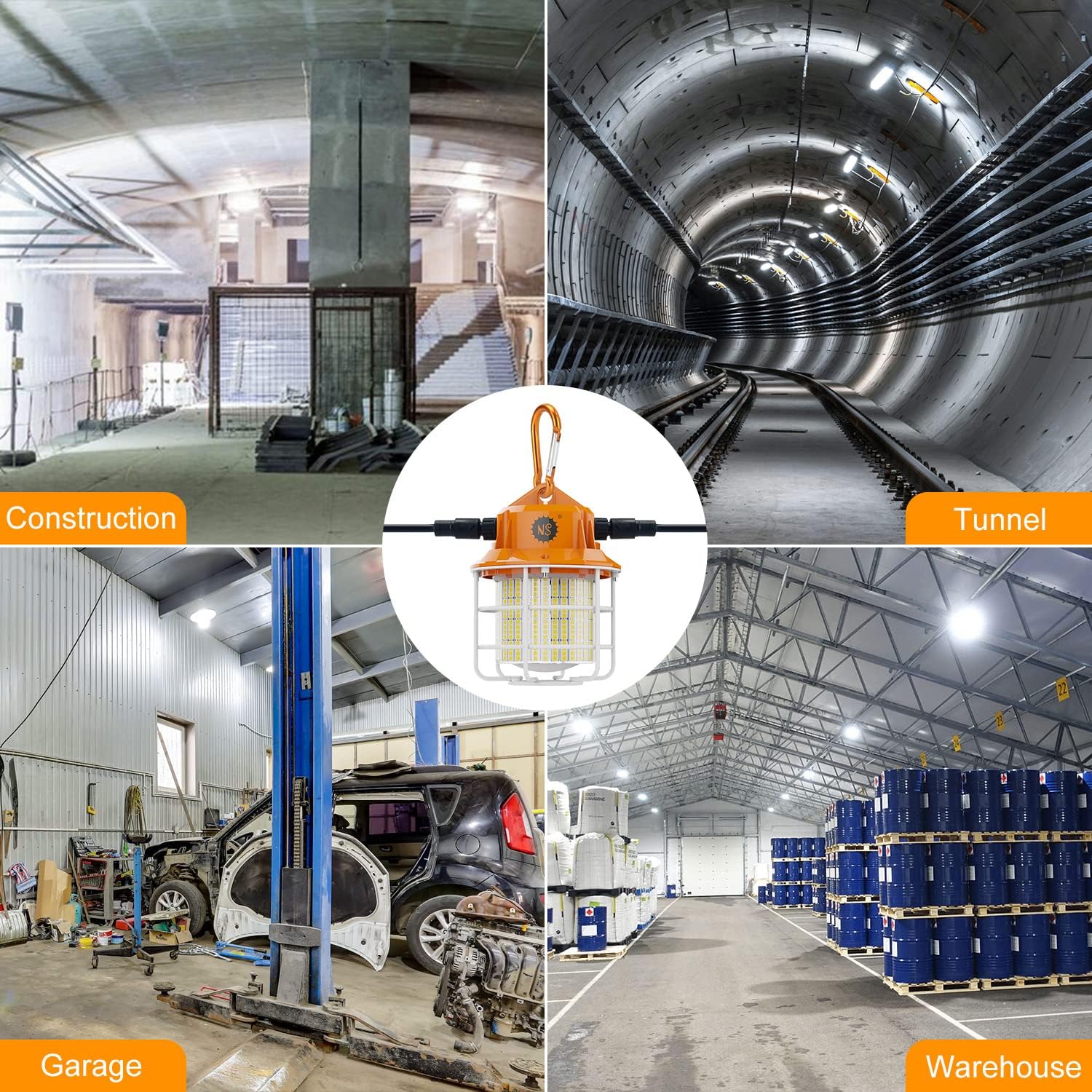Luz de trabajo temporal LED de 60 W, 8700 lúmenes, 5000 K, luces de construcción con cubierta protectora de acero inoxidable y gancho para interior