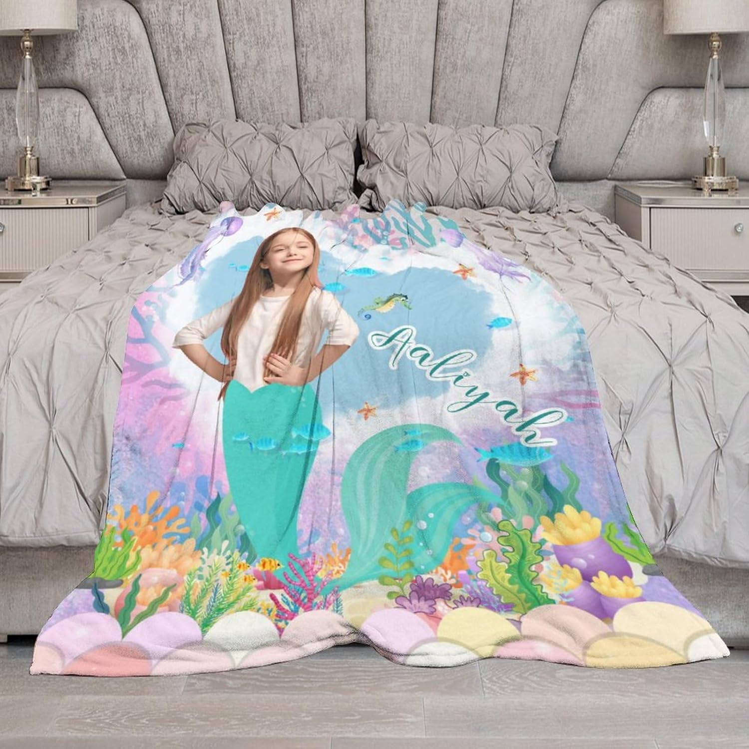 Manta personalizada de sirena para niñas pequeñas, manta personalizada para niños con foto y nombre, manta personalizada de sirena para niños recién