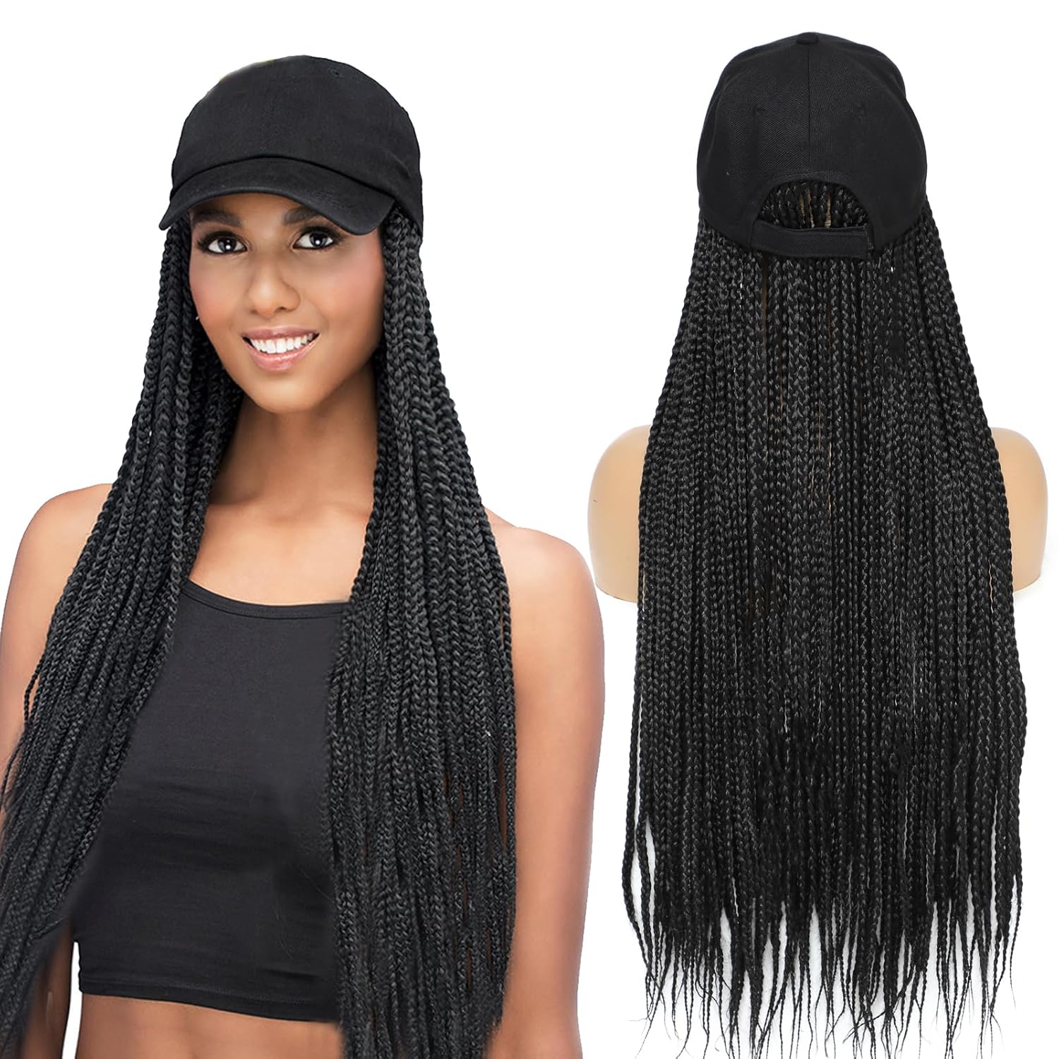 Gorra de béisbol con peluca larga trenzada de color negro, con cabello sintético trenzado para mujeres y niñas (B-negro)