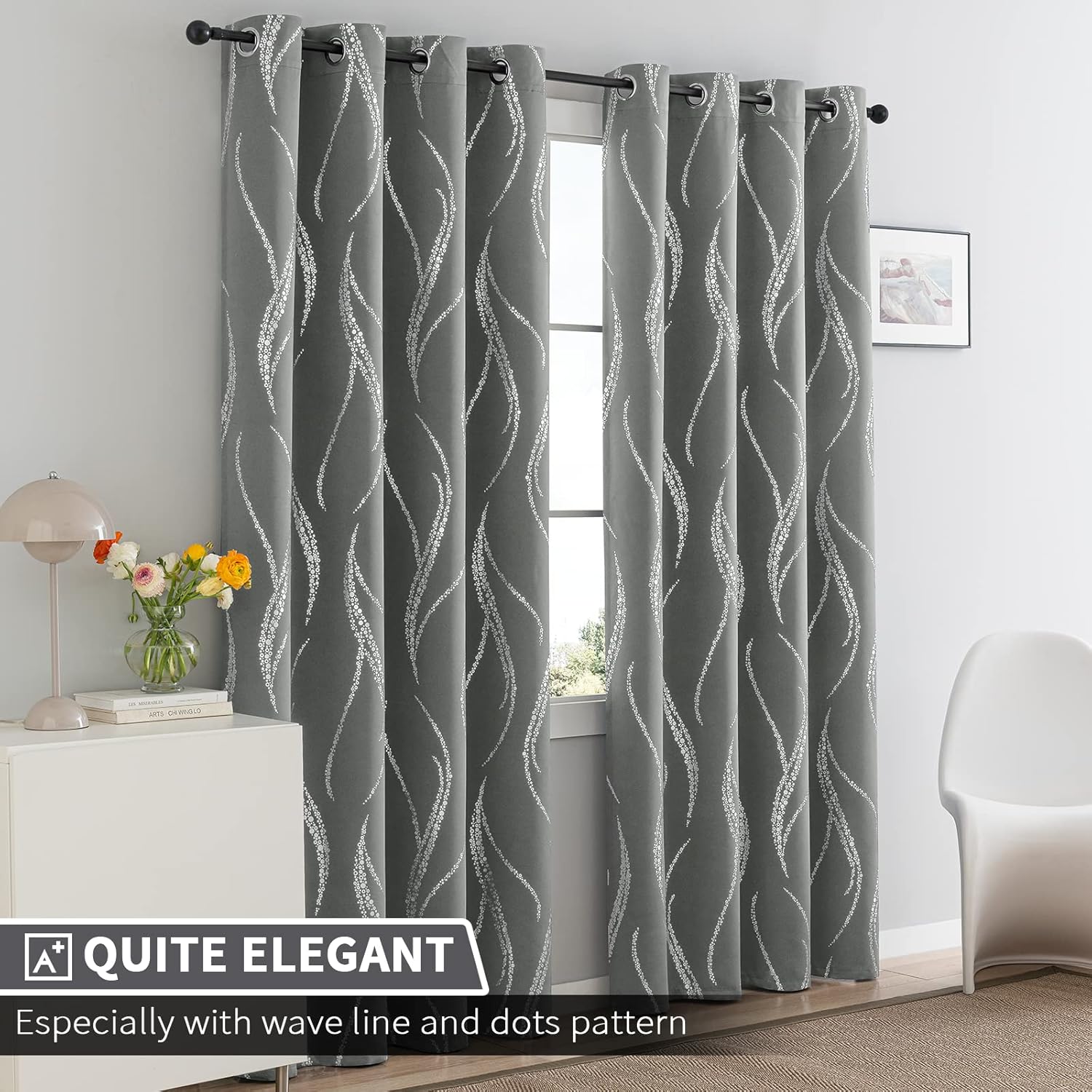 Yakamok Cortinas opacas de 84 pulgadas de largo para sala de estar, con aislamiento térmico y patrón de líneas onduladas plateadas, cortinas para
