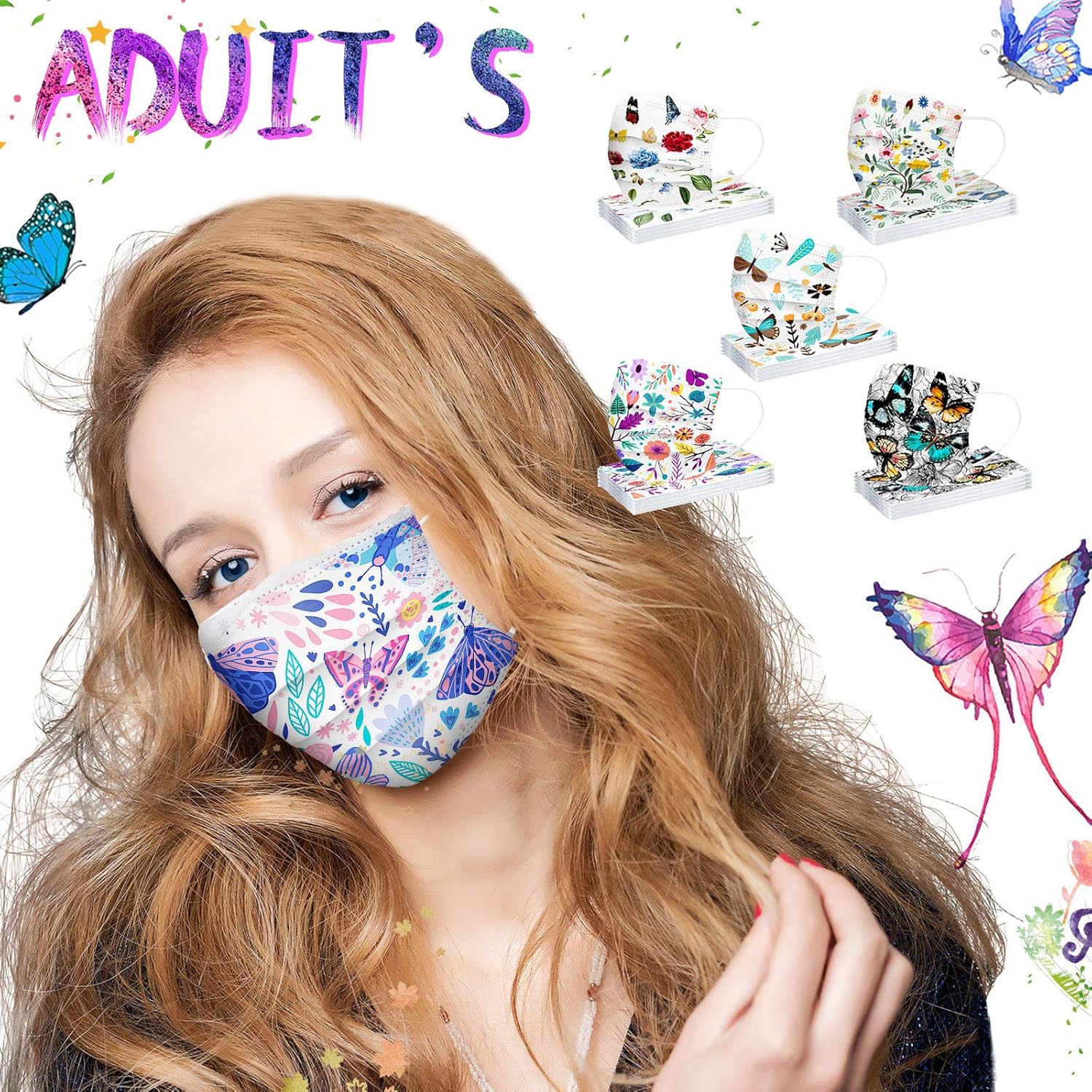 50 máscaras desechables para mujer, diseño de mariposas, gruesas, 3 capas, para adultos, para vacaciones, para el cuidado de la piel
