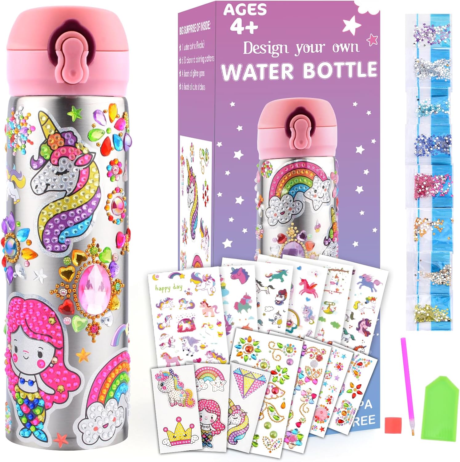 Decorate Your Own Water Bottle, Birthday Mothers Day Gifts for Kids Age 4 5 6 7 8 9 10 Years Old Kids with Unicorn Rhinestone Glitter Gem Stickers