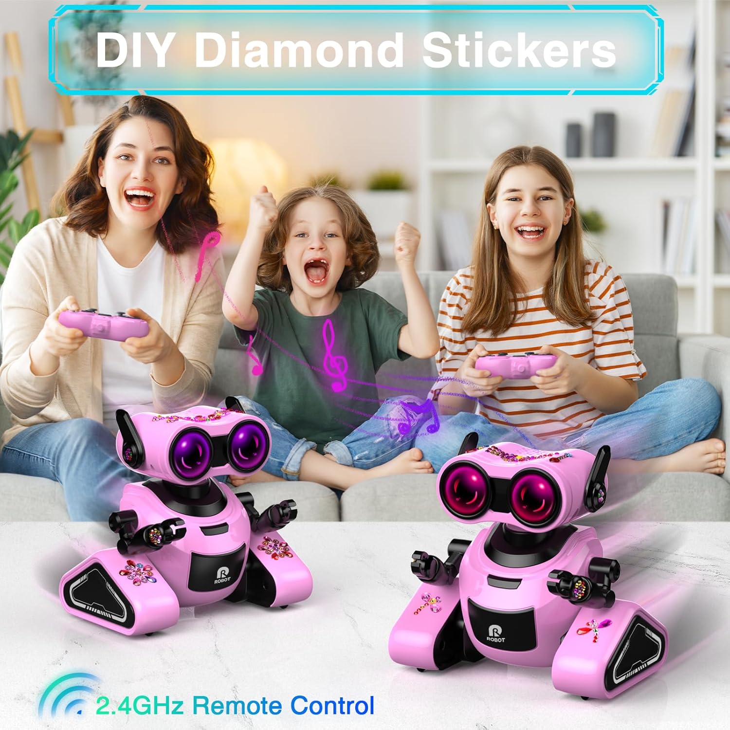 Yerloa Juguetes robot para niñas con calcomanías 3D para 3-5, juguetes de Pascua para bebés, juguete robot de control remoto para niños con música y