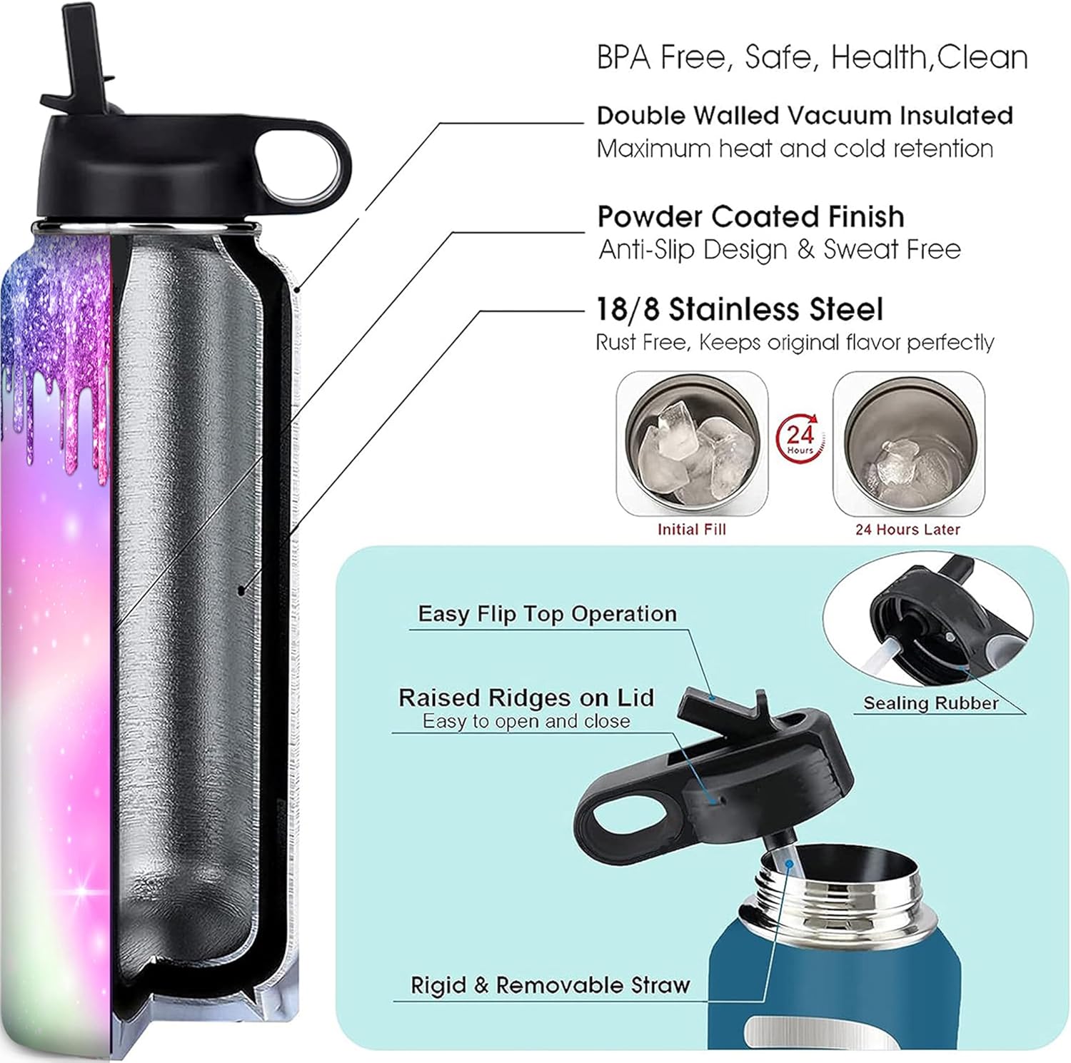 Botella de agua personalizada con nombre, botella de agua personalizada con popote y tapa, botella de agua deportiva de doble pared, mango giratorio