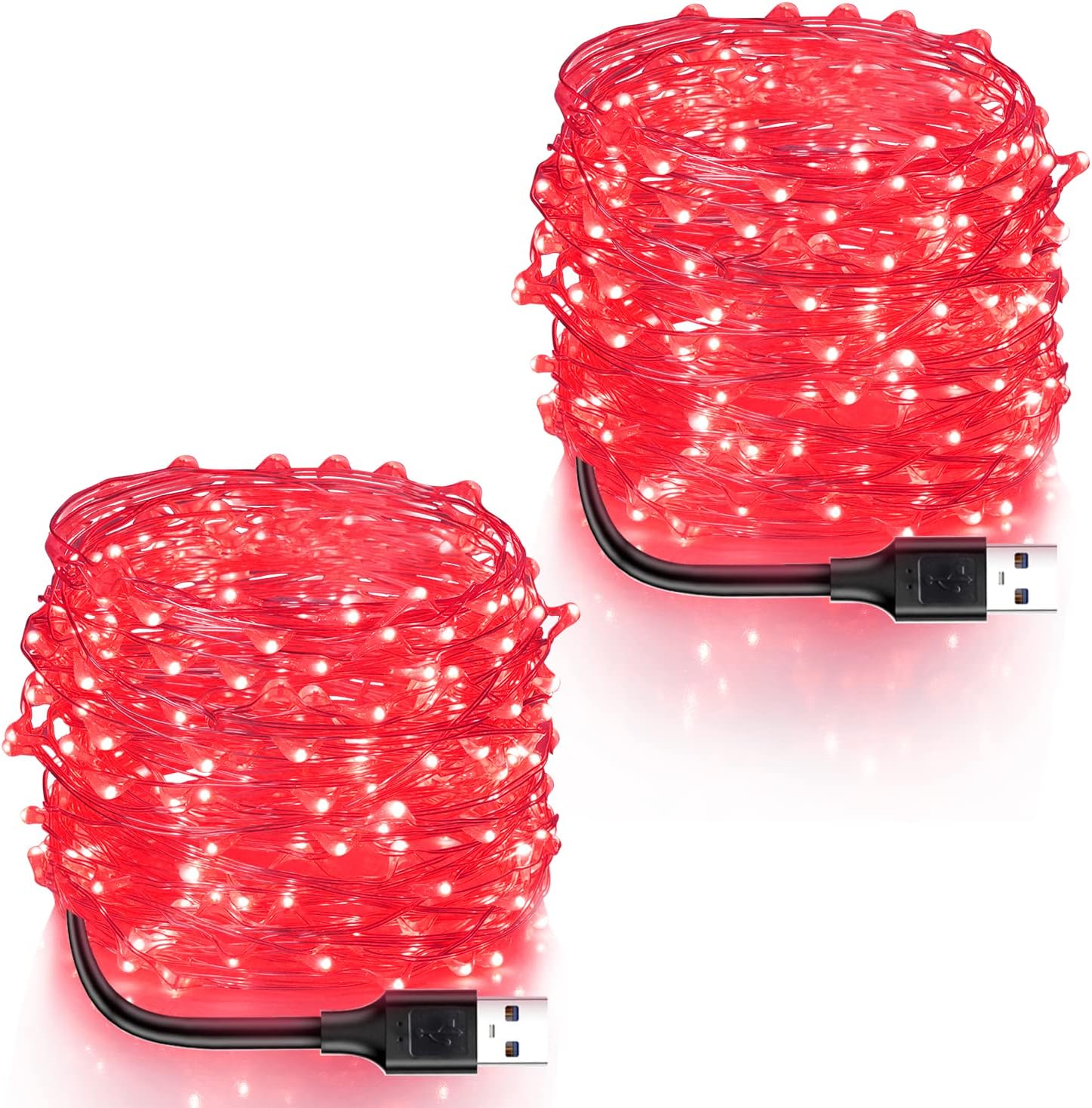 Blingstar Guirnalda de luces rojas de Navidad de Halloween, paquete de 2 tiras de luces LED de 33 pies, 100 luces LED de alambre plateado para