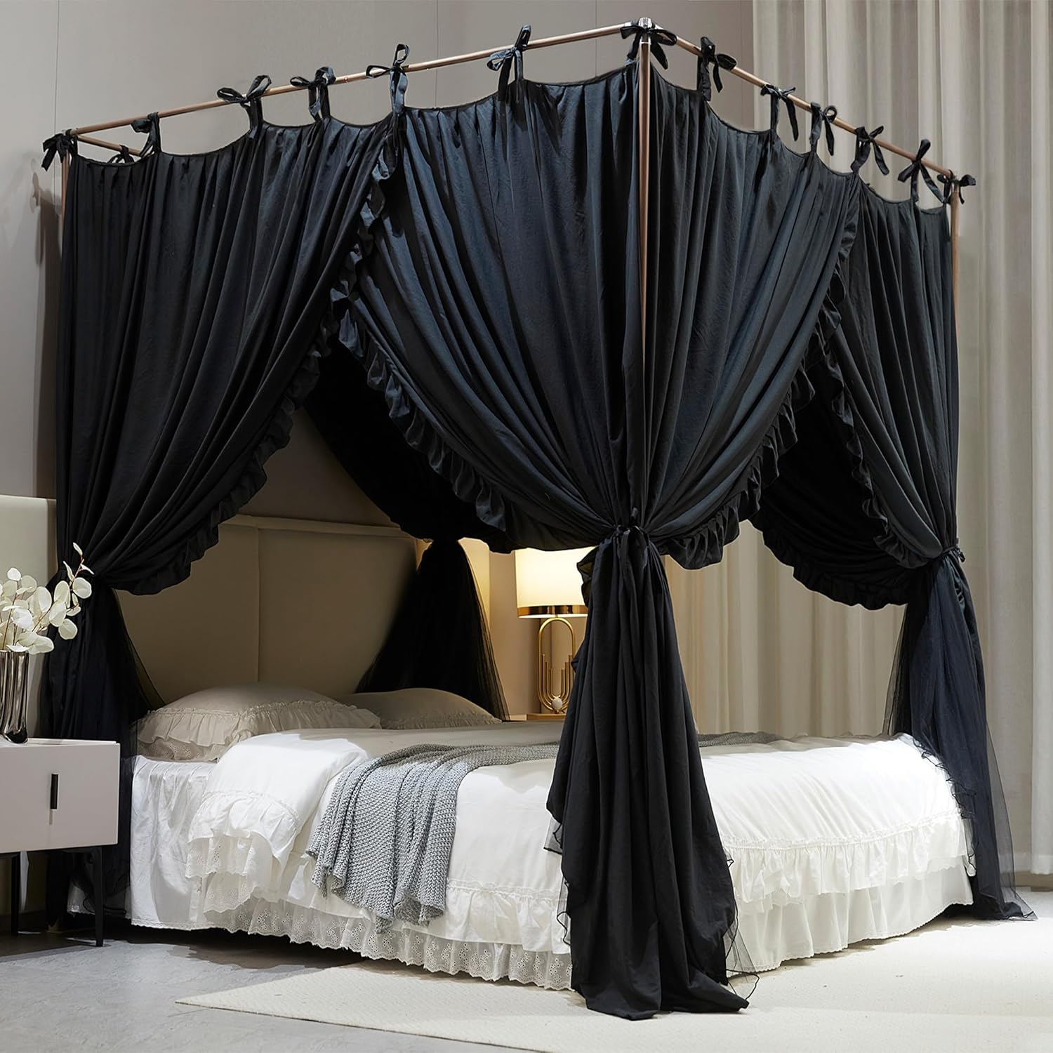 Cortina de princesa de 4 esquinas, toldo de cama de doble capa, acogedora mosquitera de malla y tela para niñas y adultos, decoración de dormitorio