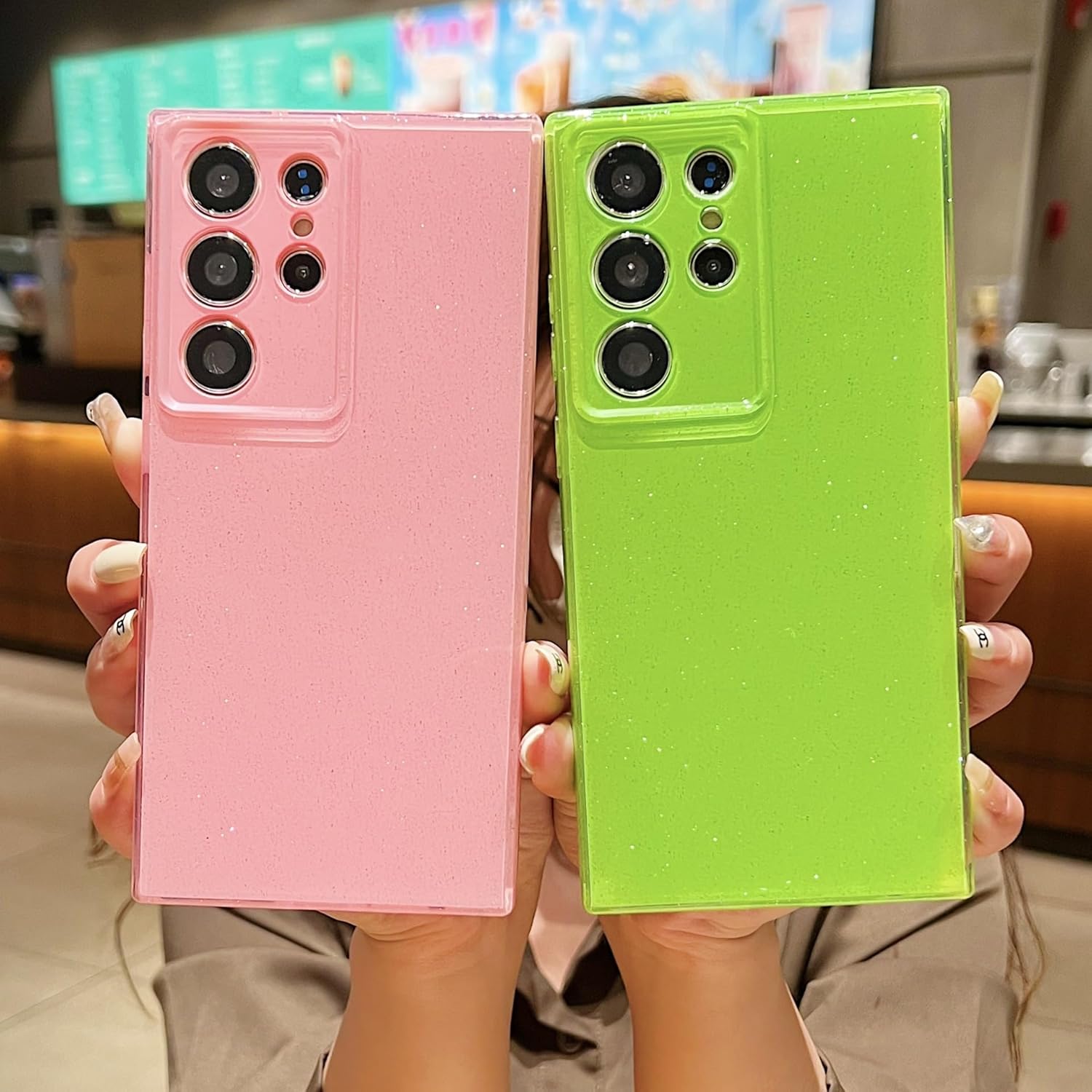 aowner Funda diseñada para Samsung Galaxy S21 Ultra, con purpurina de cristal líquido, bonita funda protectora de color neón brillante, protección