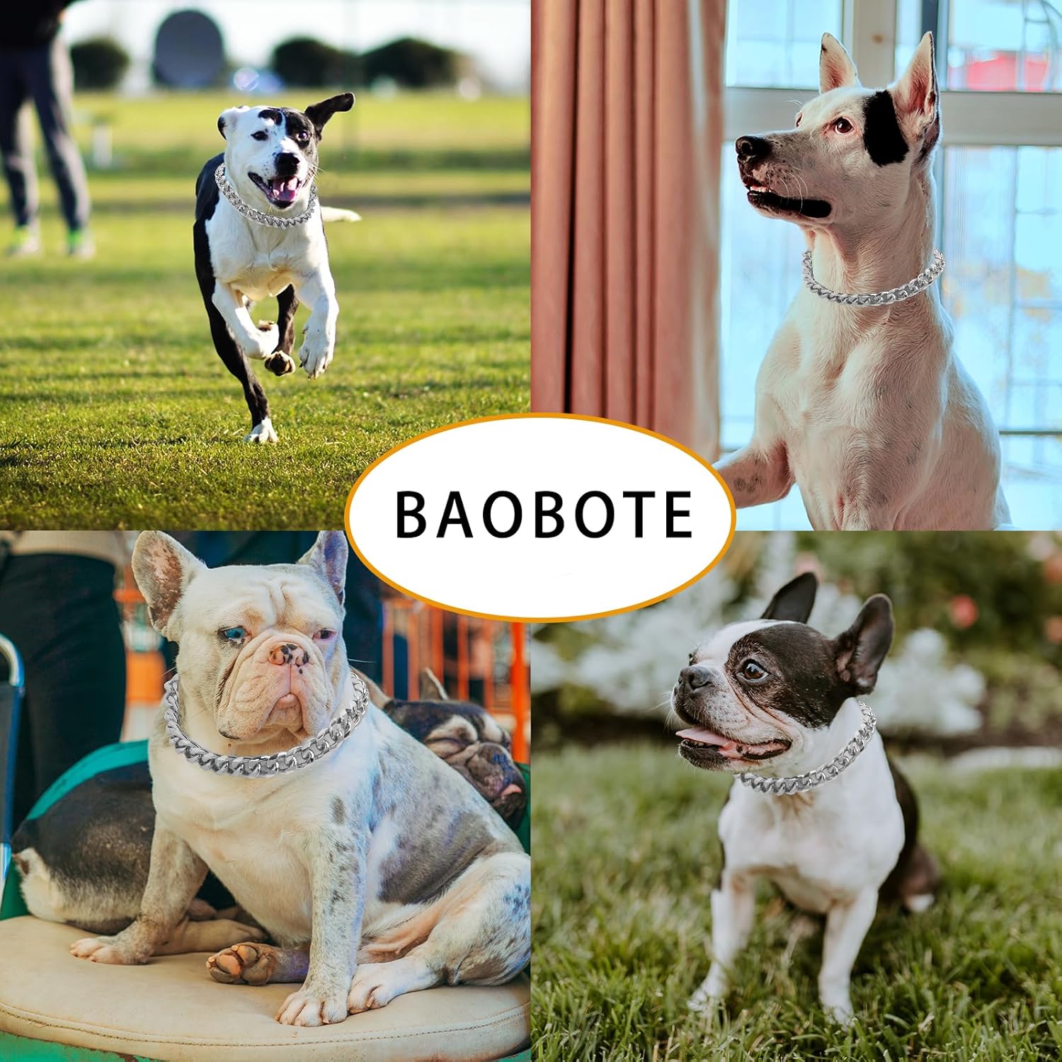 BAOBOTE Collar de cadena de metal chapado en plata de 18 quilates de 0.748 in de grosor para perros (16 pulgadas, plateado)