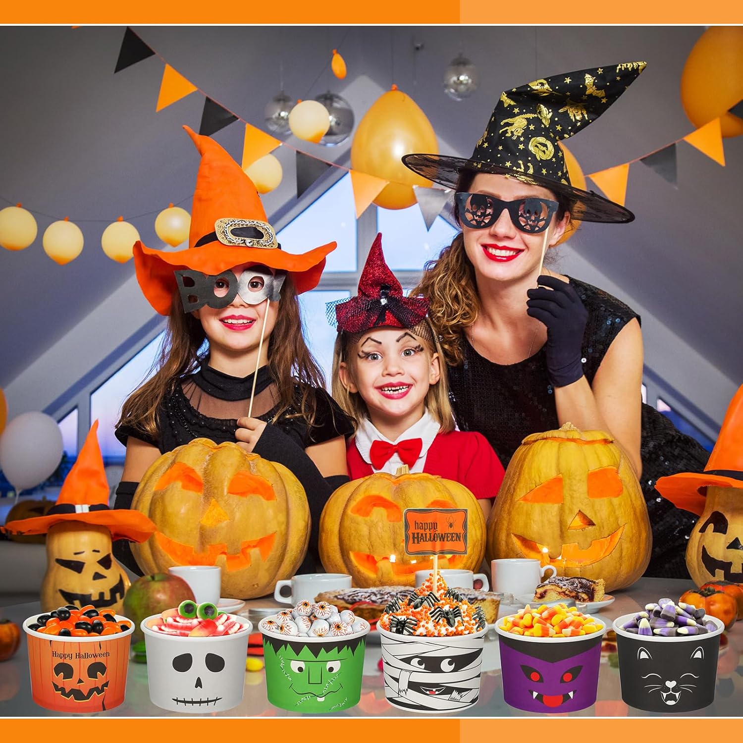 300 tazas desechables de 8 onzas para refrigerios de Halloween, cuencos de postre, tazas de calabaza, vasos de papel de esqueleto, tazas de helado
