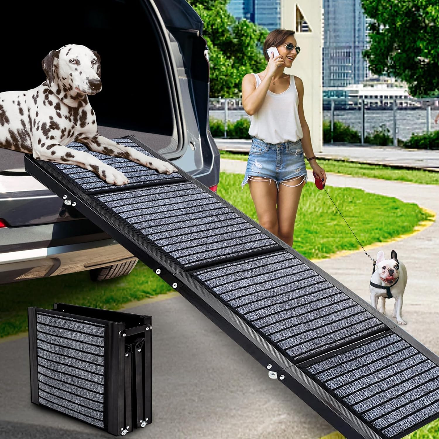 Rampa plegable para perros medianos y grandes, rampa de escalera portátil para mascotas con superficie antideslizante, 62 pulgadas de largo y 17